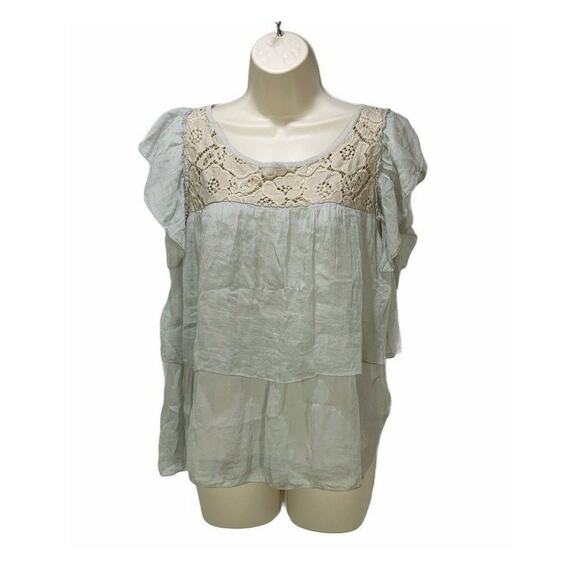 Vieole Womens Silk Blouse Top Size Large Flowy Ruffled Trim Lace Lightweight - Picture 1 of 7